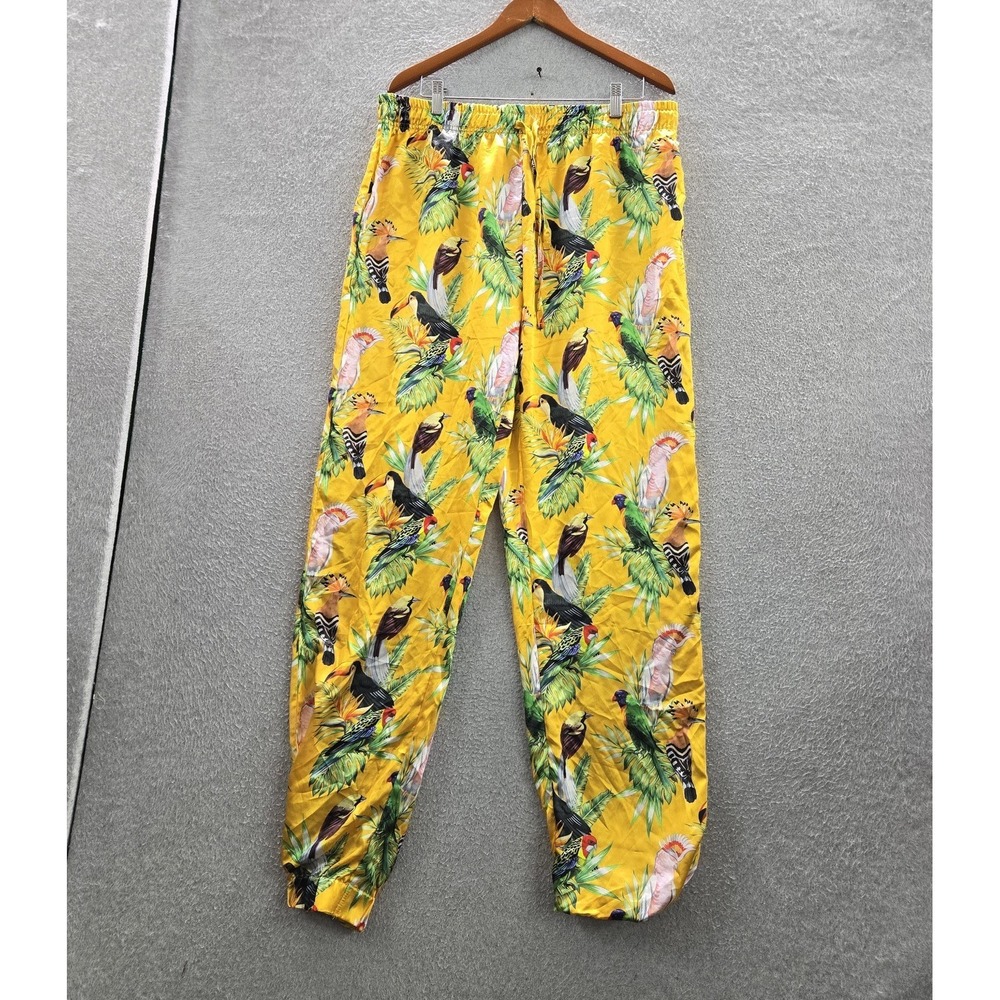 Mad‎ Engine Men Sleepwear XL Yellow Leaf Tropical Birds of Paradise Satin Lounge